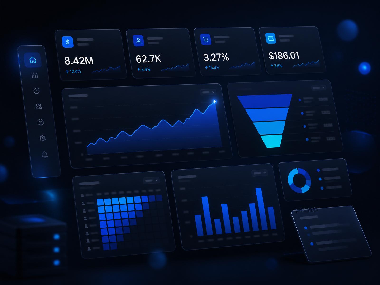 Analytics dashboard composition with revenue chart, funnel, cohort heatmap and KPI cards